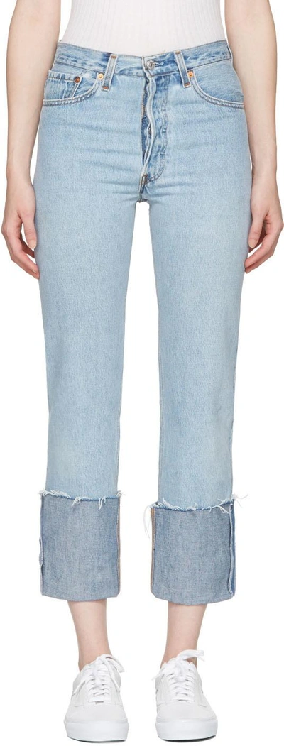 Re/done High Rise Straight Leg Blue Jeans With Turned Up Cuffs