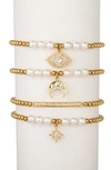 Eye Candy Los Angeles Set Of Four Cz & Imitation Pearl Beaded Bracelets In Gold