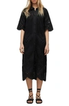 Allsaints Meria Broderie Midi Button Shirt Dress In Black