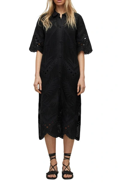 Allsaints Meria Broderie Midi Button Shirt Dress In Black