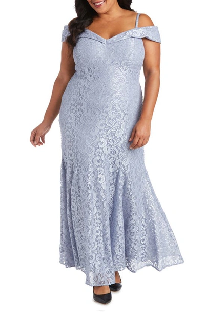 R & M Richards Off-the-shoulder Lace Gown In Chambray