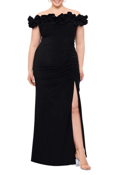 XSCAPE RUFFLE OFF THE SHOULDER GOWN