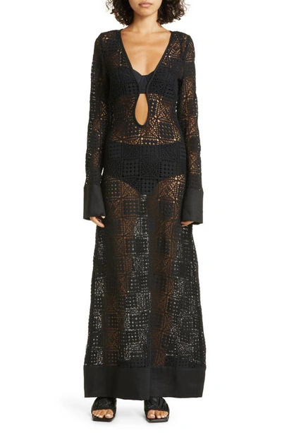 Sir Rayure Crochet Long Sleeve Maxi Dress In Black