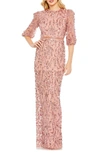 Mac Duggal Sequin Sheer Sleeve Sheath Gown In Rosewood