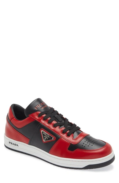 Prada Men's Downtown Logo Leather Low-top Sneakers In Black Red