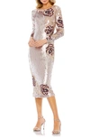 Mac Duggal Sequin Asymmetrical Floral Long Sleeve Midi Dress In Vintage Rose