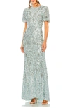 Mac Duggal Flutter Sleeve Sequin High Neck Dress In French Blue