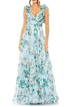 Mac Duggal Chiffon Cut-out Lace-up Back Gowm In Blue Multi
