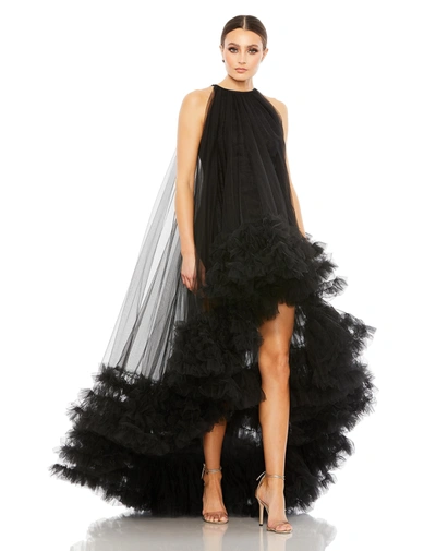 Mac Duggal Tulle High Neck Sleeveless Ruffled Hem Hi-lo Gown In Black