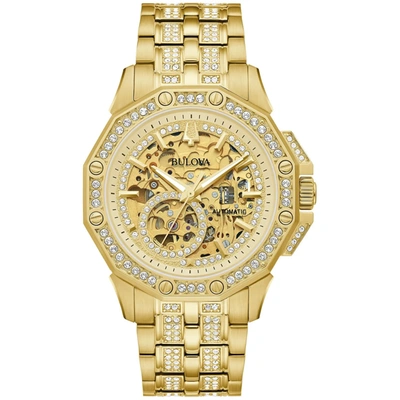 Bulova Men's Octava Automatic Crystal-accent Gold-tone Stainless Steel Bracelet Watch 41.7mm In Gold / Gold Tone / Skeleton
