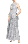Alex Evenings Embroidered Sleeveless Gown With Mesh Shawl In Pewter Frost