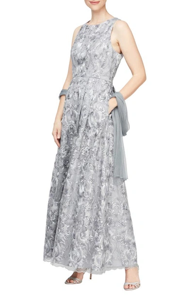 Alex Evenings Embroidered Sleeveless Gown With Mesh Shawl In Pewter Frost