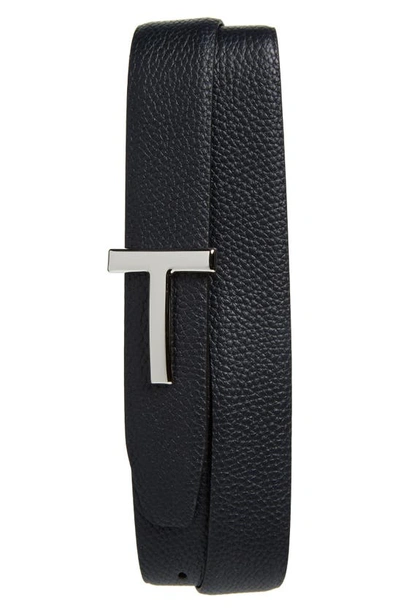 Tom Ford T Icon Reversible Grained Leather Belt In Dark Navy/ Black