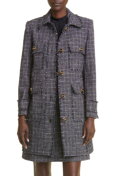 St John Graphic Check Mini Bouclette Tweed Top Coat With Raw Edge Trim In Blue