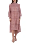 Julia Jordan Smocked Tiered Long Sleeve High-low Dress In Red/ Ivory