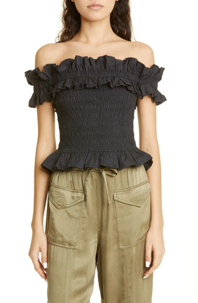 Ganni Off-the-shoulder Shirred Organic Cotton-poplin Top In Black