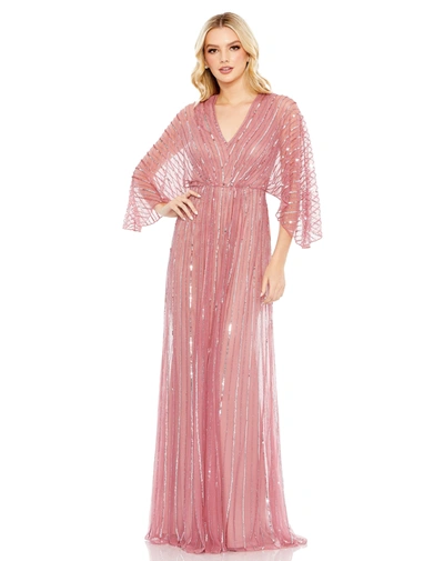 Mac Duggal Beaded Striping Kimono Sleeve V Neck Gown In Rosewood