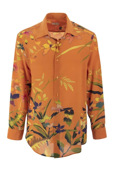 Etro Flower Print Silk Loose Shirt In Orange,multicolor