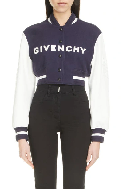 GIVENCHY LEATHER SLEEVE LOGO CROP VARSITY JACKET