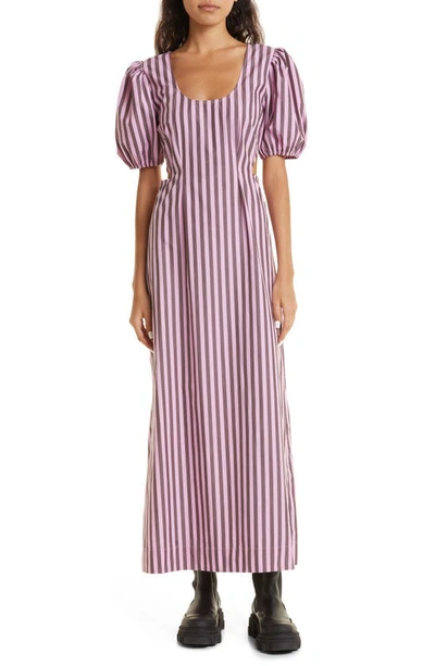 Ganni Short Sleeve Striped Cotton Cutout Dress In Bonbon
