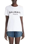 Balmain White Crewneck T-shirt With Logo Print And Golden Buttons In Jersey Woman In Gab White/ Black