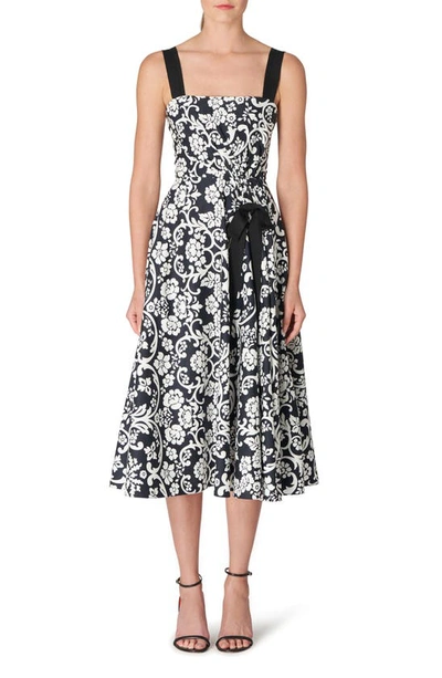 Carolina Herrera Bow-detailed Printed Cotton-blend Midi Dress In Blackwhite