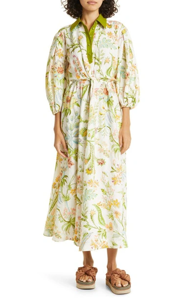 Alemais Ira Twist-front Cutout Floral-print Linen Midi Shirt Dress In Cream