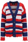 Dsquared2 Distressed Striped Chunky Knit Cardigan In Navy Oriental Red Natural (white)