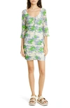 Ganni Short Sleeve Printed Mesh U-neck Ruched Mini Dress In Egret