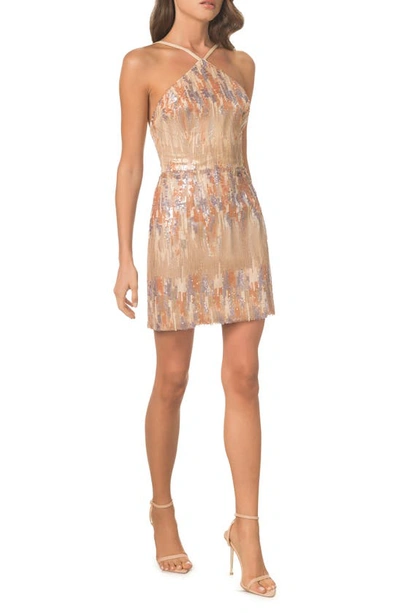 DRESS THE POPULATION VICTORIA SEQUIN HALTER COCKTAIL MINIDRESS