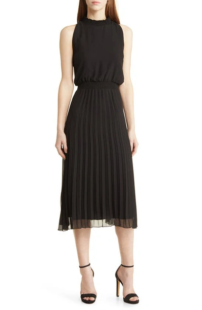 Sam Edelman Smocked Pleat Sleeveless Midi Dress In Black