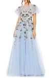 MAC DUGGAL FLORAL EMBELLISHED SEQUIN TULLE A-LINE GOWN
