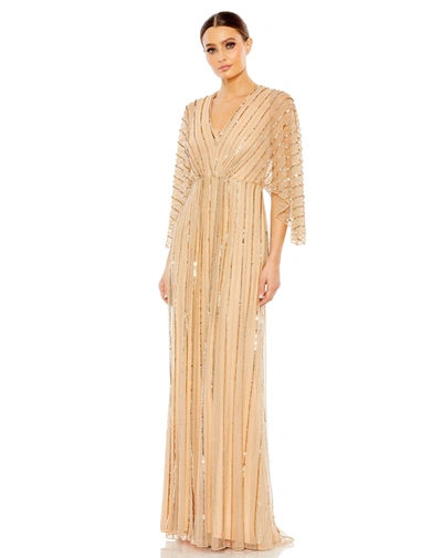 Mac Duggal Beaded Striping Kimono Sleeve V Neck Gown In Taupe