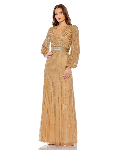 Mac Duggal Sequined Wrap Over Puff Sleeve Gown In Gold