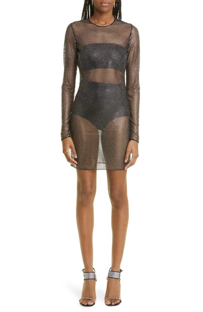 Stella Mccartney Sheer Crystal Embellished Long Sleeve Mesh Dress In 1000 Black