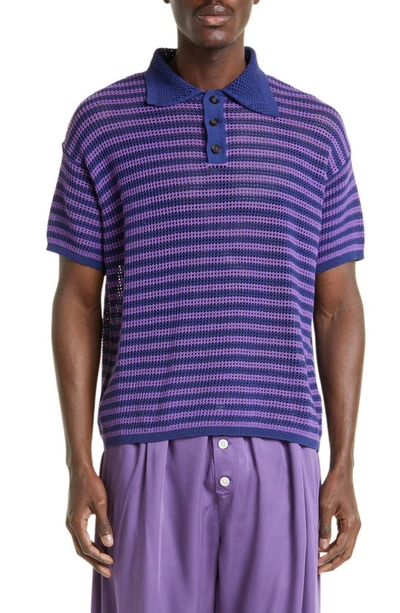 Bode Striped Crochet-cotton Polo Shirt In Lavender
