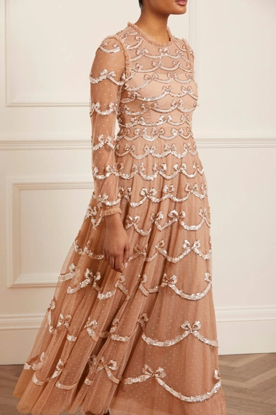 Needle & Thread Bow Sequin Long Sleeve Gown In Beige