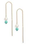 POPPY FINCH POPPY FINCH PETITE CULTURED PEARL & TURQUOISE THREADER EARRINGS