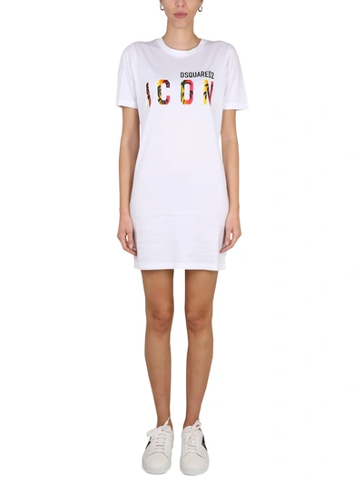 Dsquared2 Icon Sunset Palm T-shirt Dress In Bianco