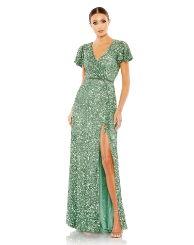 Mac Duggal Sequined Wrap Over Butterfly Sleeve Draped Gown In Sage