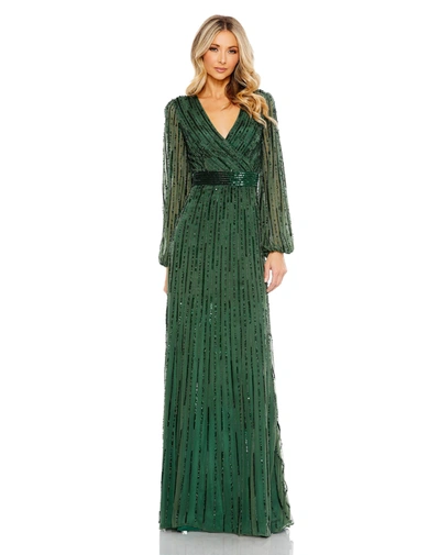 Mac Duggal Sequined Wrap Over Puff Sleeve Gown In Dark Green