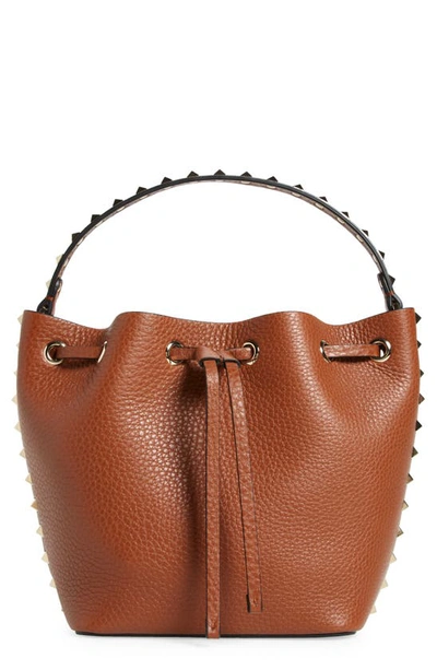 Valentino Rockstud Drawstring Leather Bucket Bag In Brown