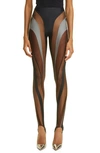 Mugler Spiral Tulle-panelled Jersey Leggings In Graphite / Black