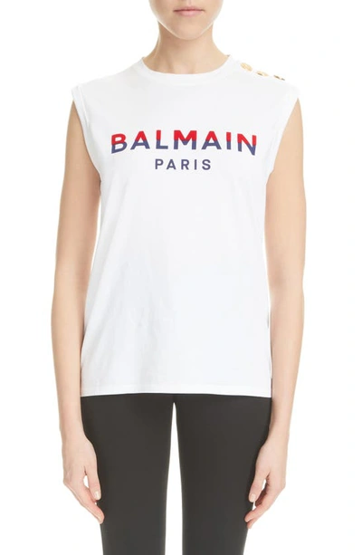 Balmain Paris Flocked T-shirt In White Red Navy