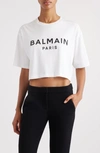 Balmain Logo Cotton Jersey Cropped T-shirt In Gab White/ Black