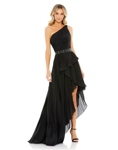 Mac Duggal Pleated One Shoulder Asymmetrical Ruffle Hem Gown In Butter