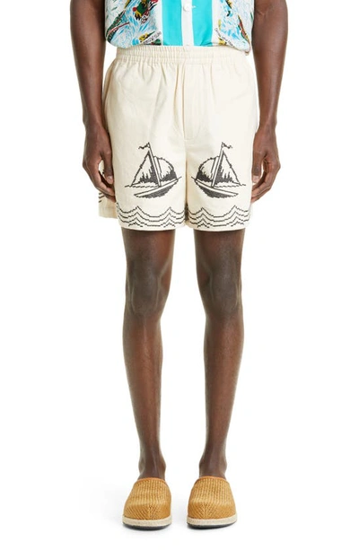 Bode Cross Stitch Wool Sailing Shorts In Tan Black