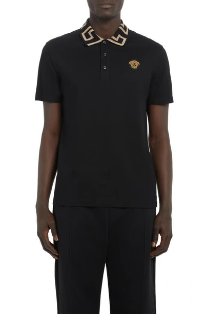 Versace Taylor Fit Polo Shirt With Greca Collar In Black