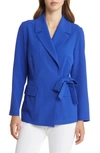 Misook Side-tie Notched-lapel Wrap-front Jacket In Satin Sky