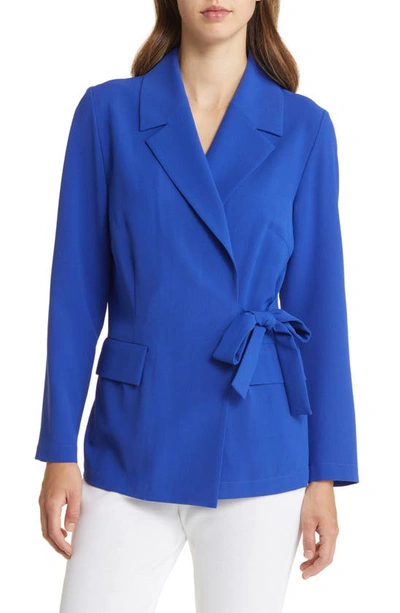 Misook Side-tie Notched-lapel Wrap-front Jacket In Satin Sky